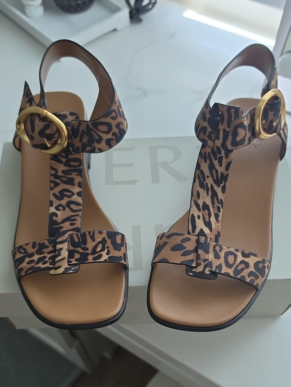 Naturalizer Leopard Print T-Strap Women's Sandals with Gold Buckle